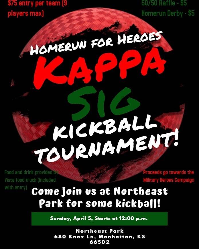 KappaSigmaKSU's tweet image. Join us for our Kickball Tournament with all proceeds going to help veterans in need! Email us at kstatekappasigma@gmail.com to get more info!