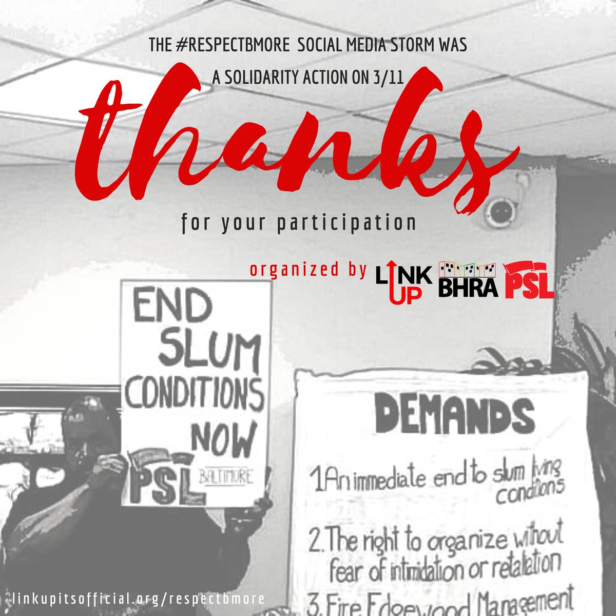 linkupofficial's tweet photo. THANK YOU for participating with us and @BaltimorePsl in the #RespectBmore social media storm in solidarity with the Bolton House Residents Association. #DCtoBaltimore #StopSlumlords #EndtheHousingCrisis https://t.co/IHalkRBNHI