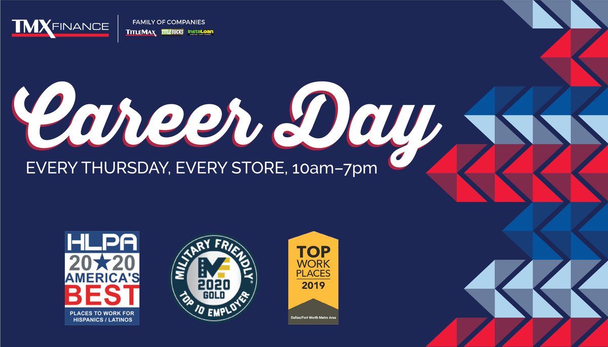 Looking for your next career? Join us this Thursday at any TitleMax, TitleBucks, or InstaLoan location for Career Day. Meet with a hiring manager about the rewarding opportunities available with the TMX Finance® Family of Companies! Find an event near you: ow.ly/gheE50yE43E