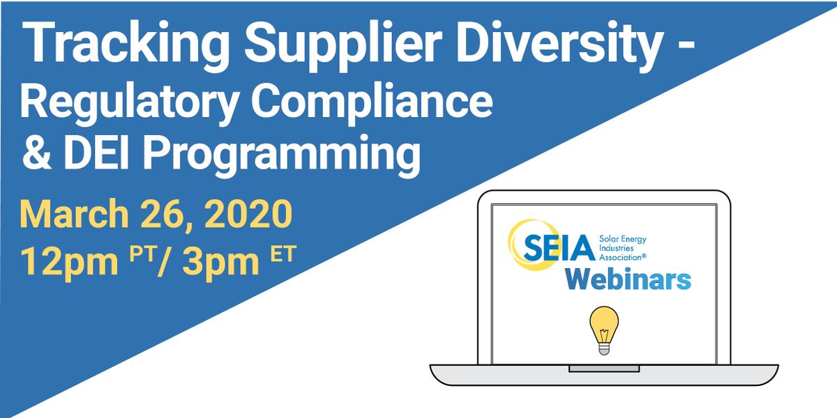 SEIA's tweet photo. Want to learn how to start a supplier diversity tracking program? 

Sign up for SEIA's new Tracking Supplier Diversity Webinar for a deep dive into supplier diversity and why it is essential for regulatory compliance in some markets. Register now: https://t.co/0KWmsEVQb4 https://t.co/SYKS8SXgta