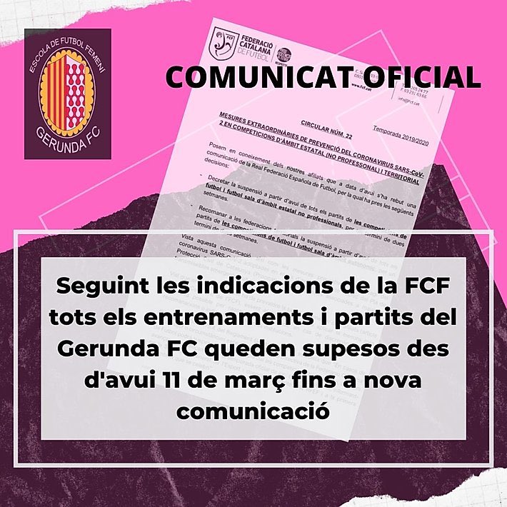 Seguint les instruccions de la <a href="/FCF_CAT/">Federació Catalana de Futbol</a>  es suspenen tots els entrenaments i partits del GerundaFC.