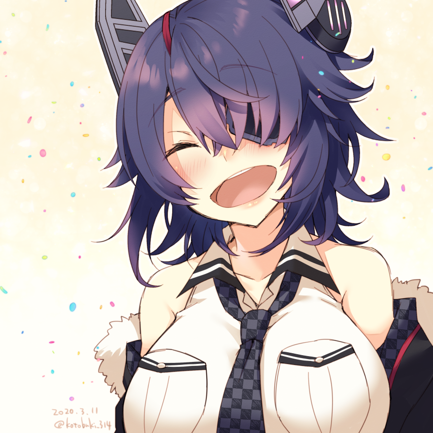 tenryuu (kancolle) 1girl eyepatch twitter username solo breasts purple hair checkered necktie  illustration images