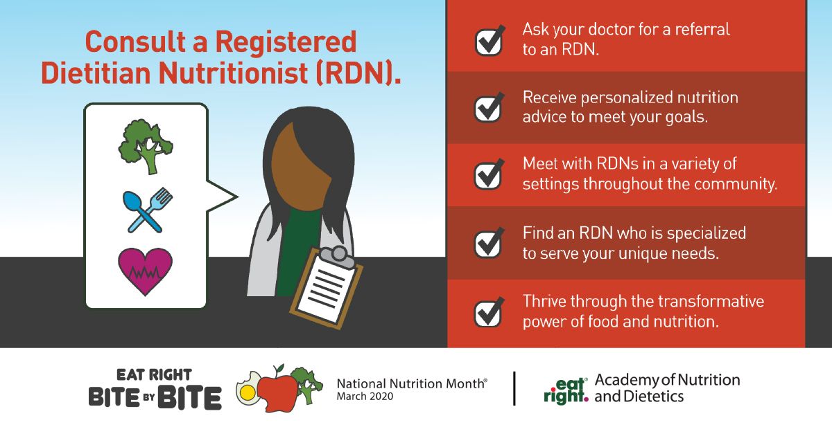 PdNHFoundation's tweet photo. March 11 is Registered Dietitian Nutritionist Day! Celebrate by consulting an RDN today. While healthful eating may seem like a challenge, RDNs can make it easier. They can help provide safe, realistic, long-term advice. Get more tips from @eatright at https://t.co/nYe489zx1S https://t.co/BghSPTlrxq