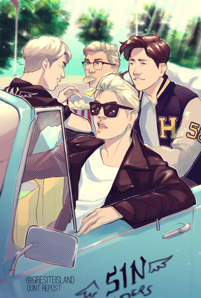 My piece for <a href="/RetroZineBTS/">Rewind Vol II: restarting</a> 💛
It was the best be part of this project!!!
I love 50's ✨✨✨✨
#yoonjin being part of a gang, #Namjoon is the perfect student and #Hoseok is the popular guy and baseball captain team. 
I love this au so much. #Hyungline #btsfanart  [Don't repost]