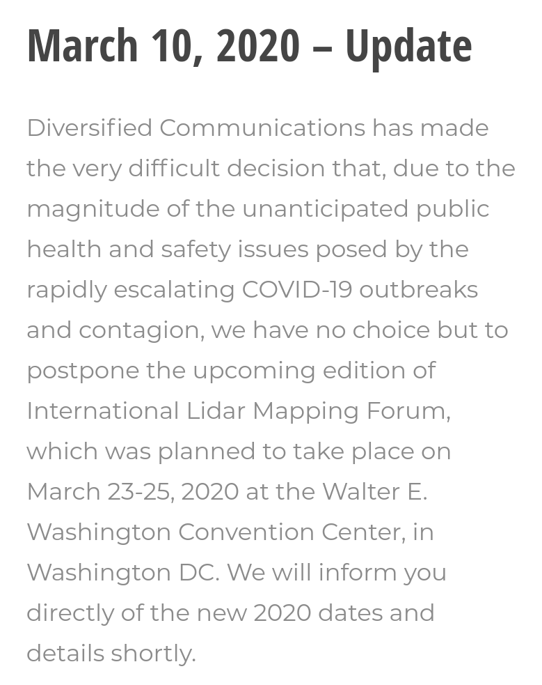 rapidlasso's tweet photo. @GeoWeekNews @LAStools @C8X8D @GeoConnect_Asia @geoworldmedia @Lidarforum @MAPPSorg @ASPRSorg Indeed. Realize that now. I think I got it wrong because the press release also talks about the 2021 Denver event in the closing paragraph. But reading only the opening paragraph, it is very clear that #ILMF only postpones #ILMF2020 and #GeoWeek https://t.co/fugIVPGRcT #LiDAR https://t.co/ZevrCNRfk6