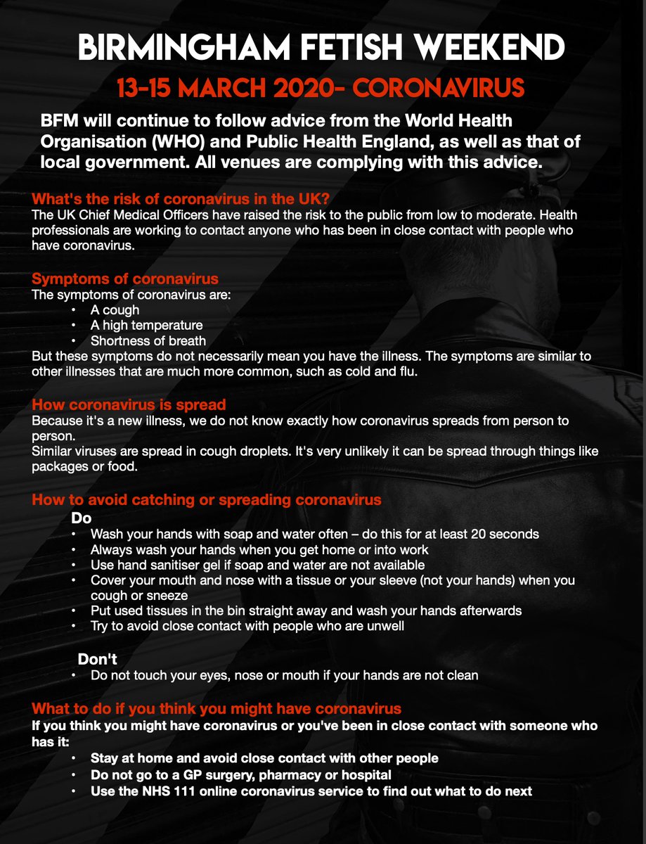 Coronavirus, Mr Leather UK 2020 Finals and Birmingham Fetishweekend: - Please see the poster below. We are actively monitoring the situation, and following all advice and guidance.
