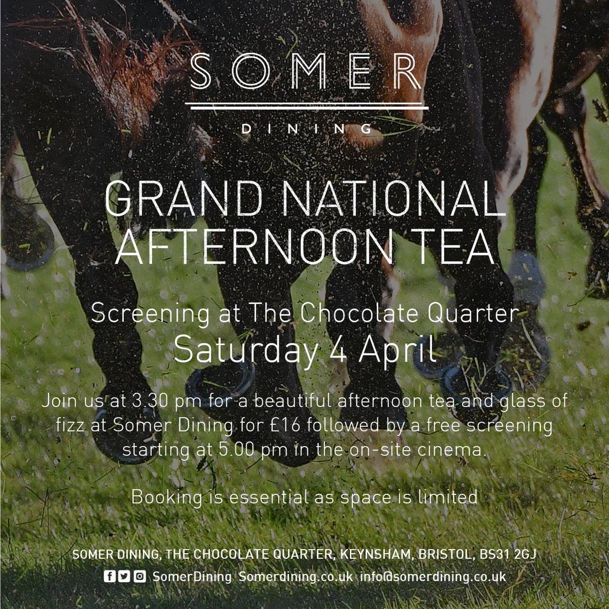 Somer Dining is off to the races! 🏇
#TheGrandNational with a twist: enjoy our signature afternoon tea and a glass of fizz for £16 followed by a screening of The Grand National at 5.00 pm in our on-site cinema! 
To book >> info@somerdining.co.uk #Bristol #Keynsham