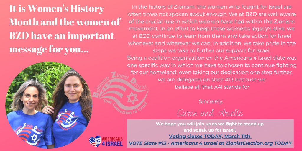 Caren_BZDIsrael's tweet photo. It is #WomensHistoryMonth &amp; Caren &amp; Arielle from #BZD have an important message for potential voters for the #WorldZionistCongress Elections - which ENDS TODAY. Find out why #BZD is proud to be a coalition org on the #A4i slate - https://t.co/ZhbDoe4VBg https://t.co/vvk7o4WEej
