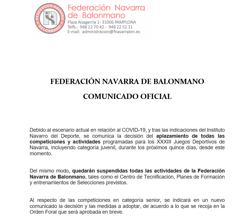 FNBalonmano's tweet photo. 📢 COMUNICADO OFICIAL 📢
⚠️ Aplazamiento de todas las competiciones y actividades de JJDDN.
⚠️ Suspensión de las actividades de la FNBM (Tecnificación, Selecciones...).
⚠️ Competiciones Senior, a la espera de informar en breve sobre las medidas a adoptar.
https://t.co/SbysMqilLl https://t.co/wQWrz2znmv