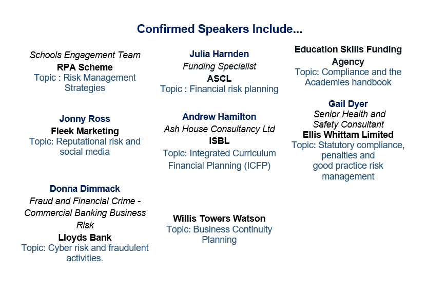 Great line up of speakers for the <a href="/NSBMF2/">NSBMF</a>  #riskybusiness risk management conference for School Business Managers. Early bird tickets have now sold out but tickets are still great value for this great line up sponne.org.uk/ts/index.php/c… #riskmanagement #schoolbusinessmanagers