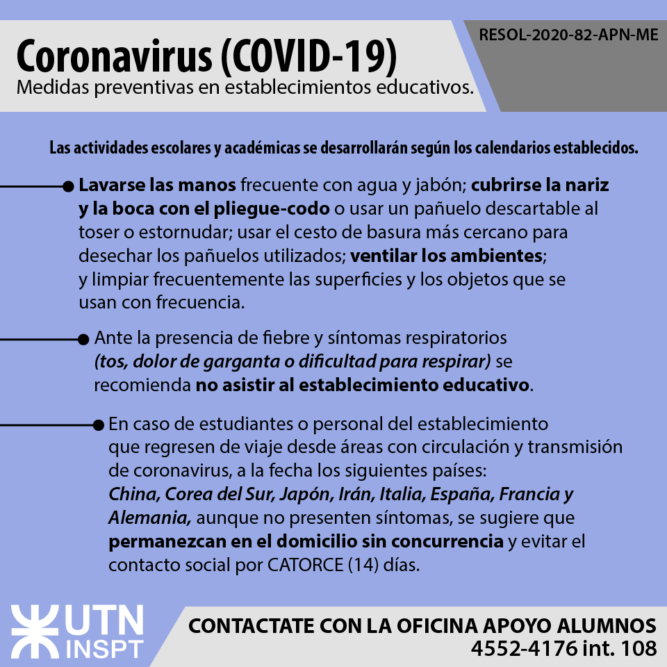UTNinspt's tweet photo. ⚠️ ANUNCIO PARA COMUNIDAD DE INSPT-UTN 🗣

Medidas preventivas contra el Coronavirus 🦠

Cuidémonos entre todos 🤝🏽

#coronavirus https://t.co/zGrW9fbcFZ