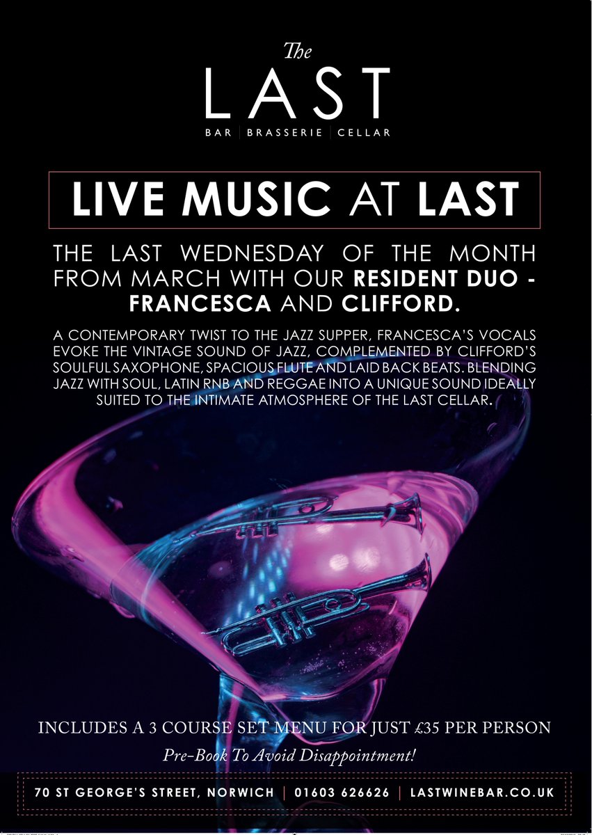 Weds 25 Mar: Live Music At Last, an all-new monthly supper club in our Cellar Bar, featuring an eclectic mix of jazz, RnB, soul and world music performed by our resident duo Francesca &amp; Clifford and guests.

Tickets £35, including a 3 course supper. Call us on 01603 626626.