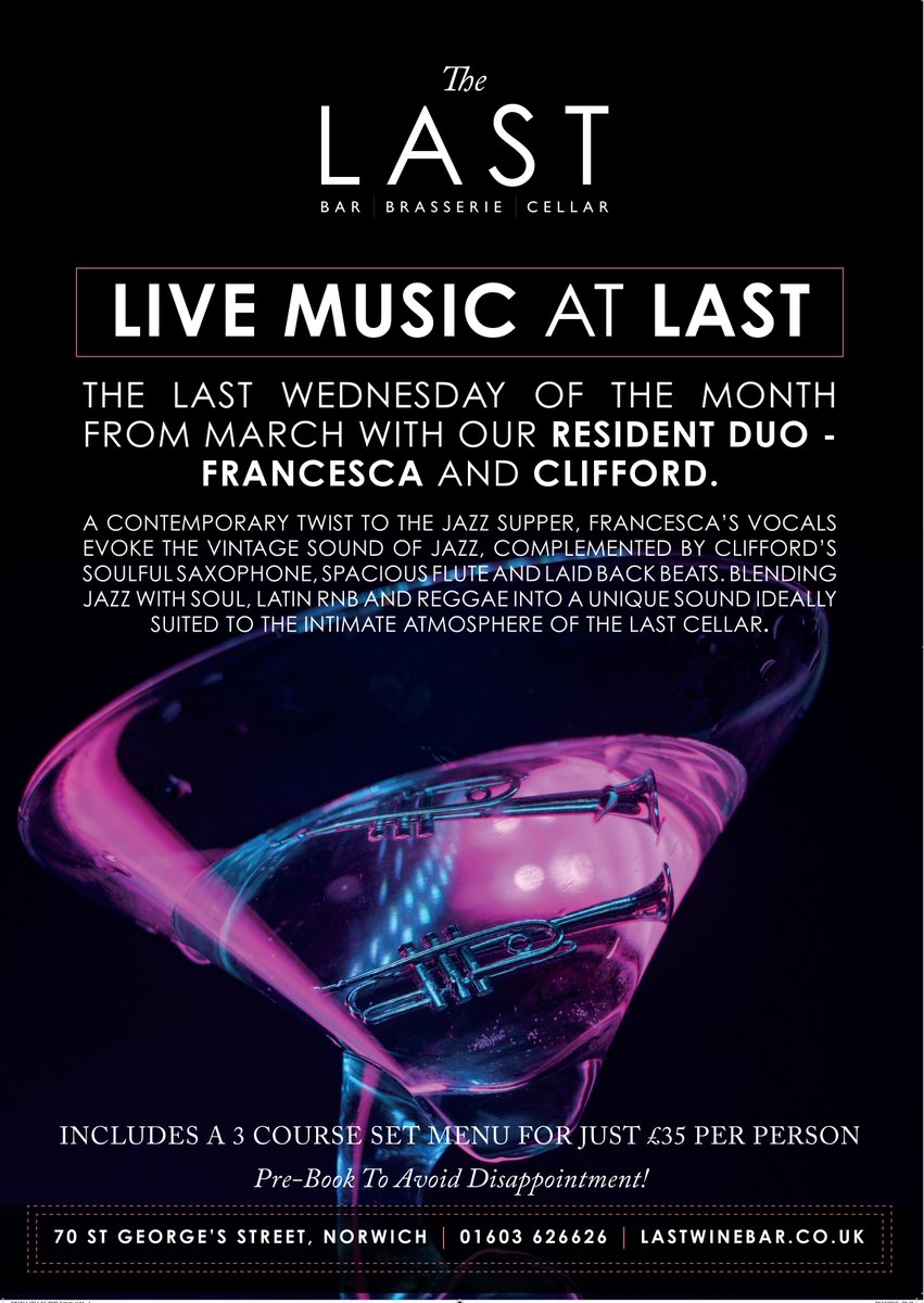 Weds 25 Mar: Live Music At Last, an all-new monthly supper club in our Cellar Bar, featuring an eclectic mix of jazz, RnB, soul and world music performed by our resident duo Francesca & Clifford and guests. Tickets £35, including a 3 course supper. Call us on 01603 626626.