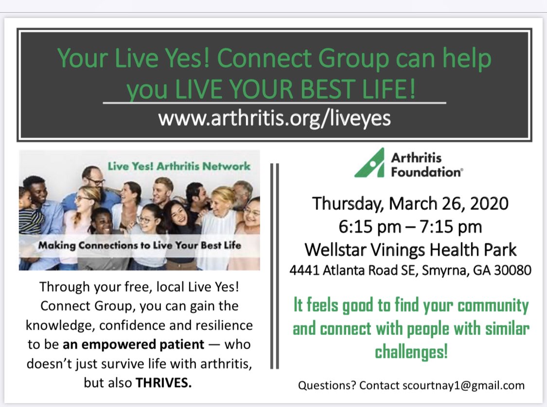 scourtnay's tweet photo. Join me at our @ArthritisFdn Live Yes Connect Group in Atlanta on 3/26/20 at 6:15 pm. @SocialMediaShan #liveyes https://t.co/cBkGfHGpBJ