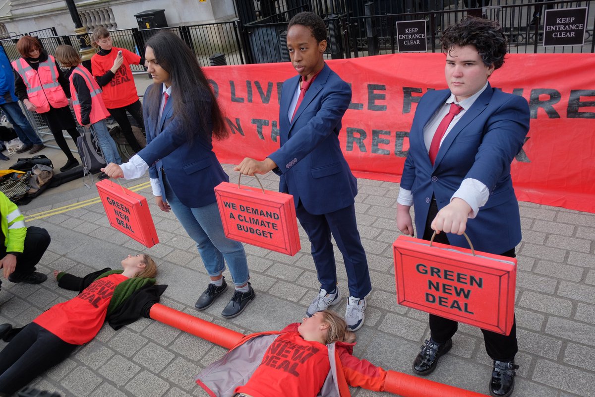 GreenNewDealUK's tweet photo. Without decisive change in economic &amp; social policy, we are heading for climate catastrophe. 

In the lead-up to COP, we must show international leadership on this existential crisis. 

The #Budget2020 is not leadership. That's why we took action today with @Strike4Youth https://t.co/1nWenWzmQP