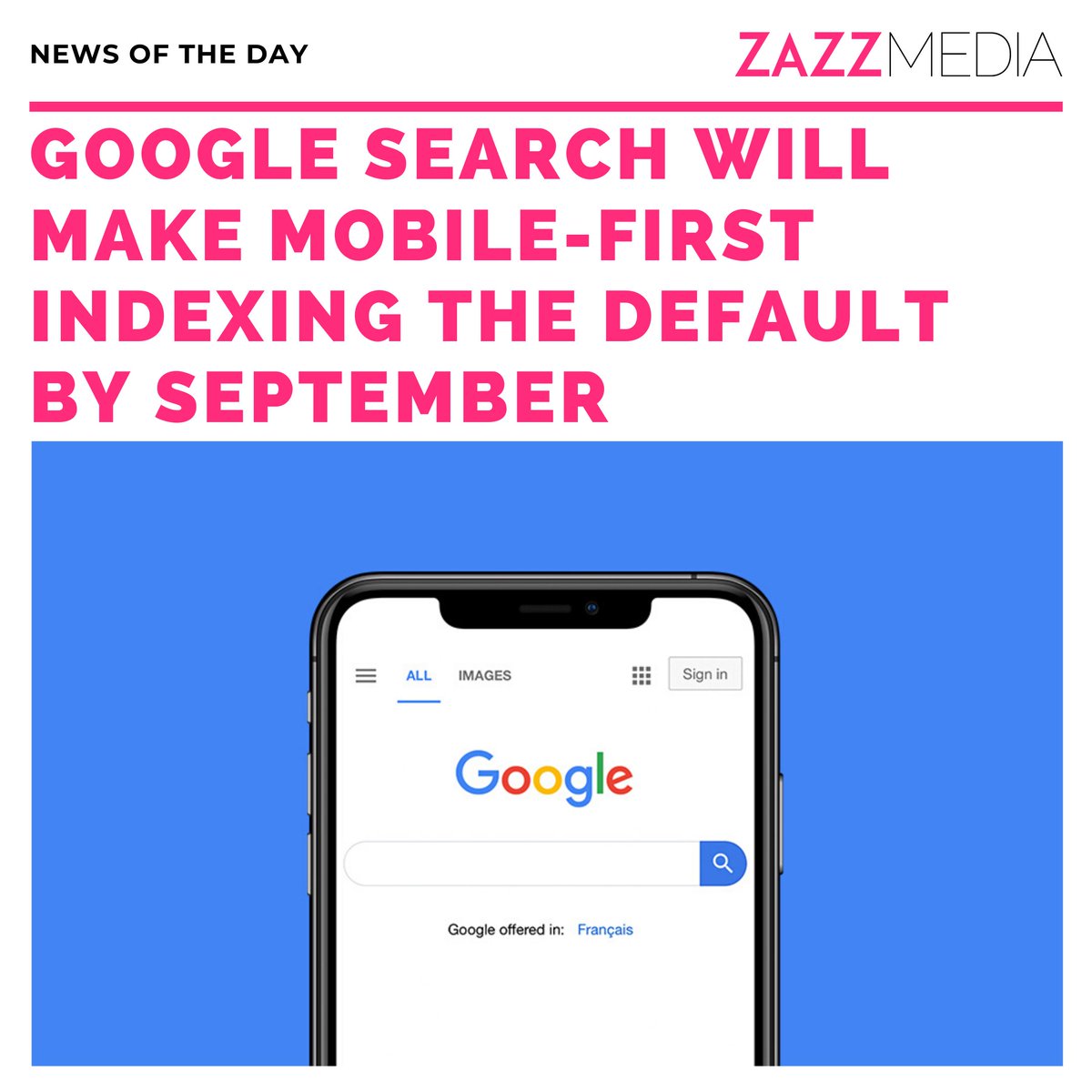 zazzmedia's tweet photo. #Google has announced that it will make mobile-first indexing, the default behavior of its search engine by September 2020. With mobile-first indexing, #GoogleSearch primarily uses a page’s mobile content for creating its search index and ranking.

#ZazzYourBrand #NewsOfTheDay https://t.co/TAxCGGVRyB