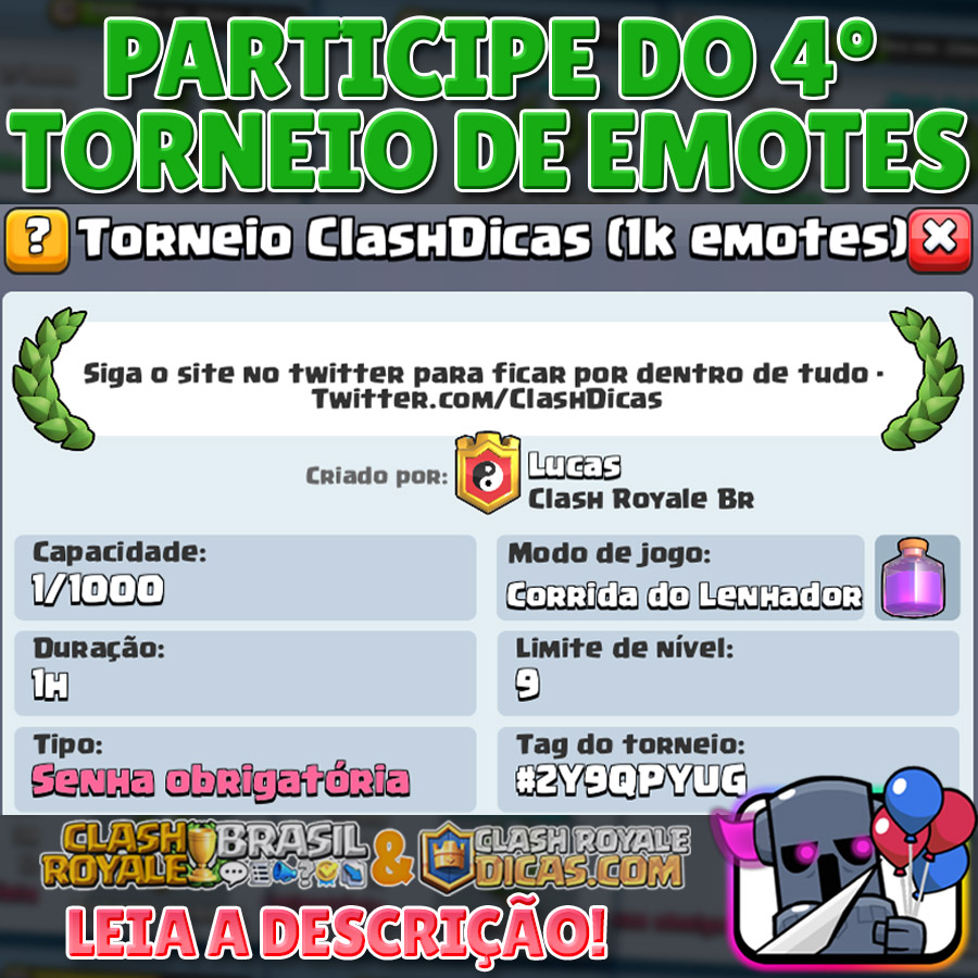 ClashDicas's tweet photo. 4º TORNEIO DE EMOTES CLASHDICAS 🏆🥞
⠀
Nome: Torneio ClashDicas (1k Emotes)
Tag: #2Y9QPYUG
Senha: sigaclashdicas
⠀
https://t.co/gEWcSXev32
⠀
❤ Aproveitando, apoiem na loja, com o código "ClashDicas". Além de me ajudarem, isso tornará possível a realização de sorteios! https://t.co/GIhcyLzzmV