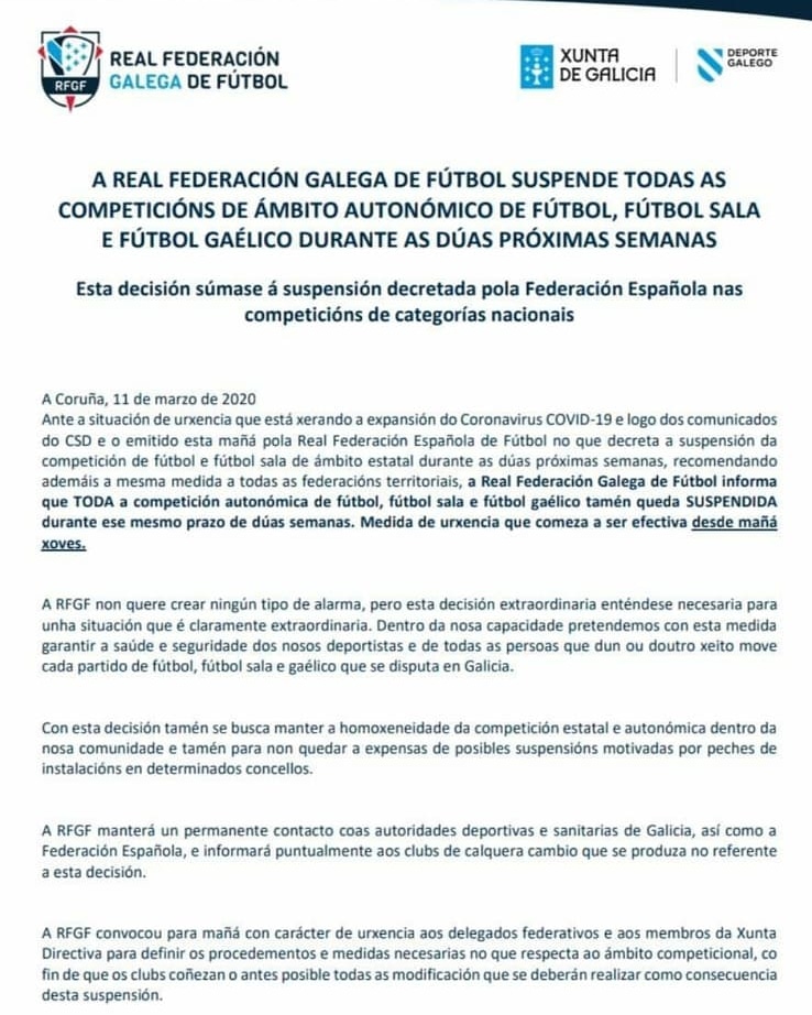 GaiteiraCF1926's tweet photo. AVISO URGENTE: Comunicado de la Real Federación Galega de Fútbol por la que se suspenden todas las competiciones autonómicas durante las próximas dos semanas. https://t.co/5xpjMvGDdg