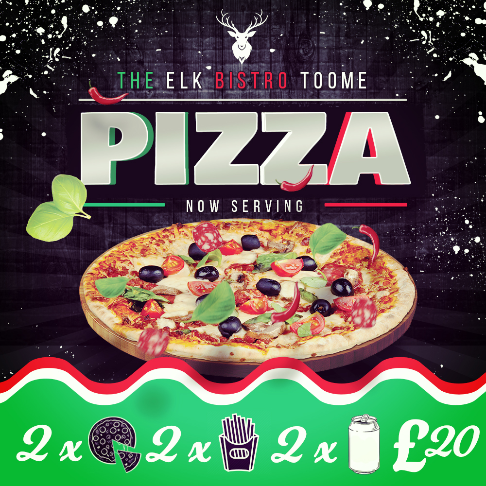 TheElkToome's tweet photo. 🍕 The Mid-Week Pizza Deal. 2 x Pizzas, 2 x Sides and 2 x Drinks for £20. Available Tuesday to Sunday 4pm-9pm. 🍕 https://t.co/MhsSKznnMp