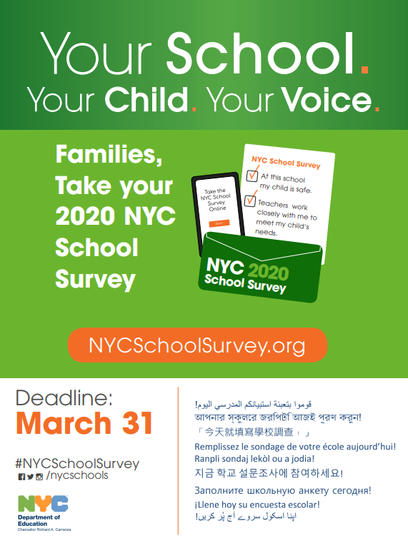 #NYCSchoolSurvey is open! Take your survey by Tuesday, March 31! NYCSchoolSurvey.org