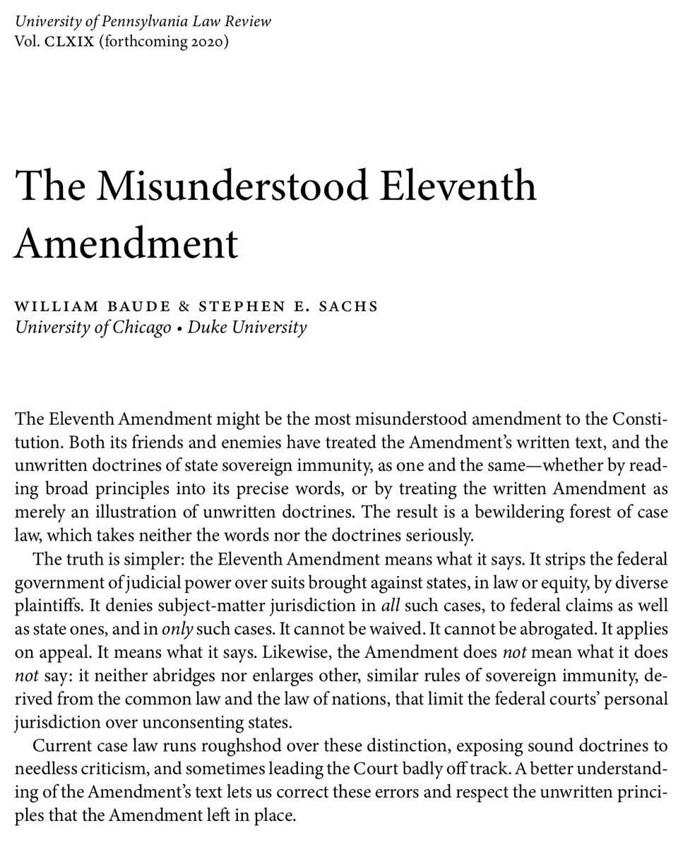StephenESachs's tweet photo. Some research news:

1) "The Misunderstood Eleventh Amendment," with @WilliamBaude, is now forthcoming in @PennLRev:
https://t.co/ejK97YDNcY https://t.co/DdASkegFiQ
