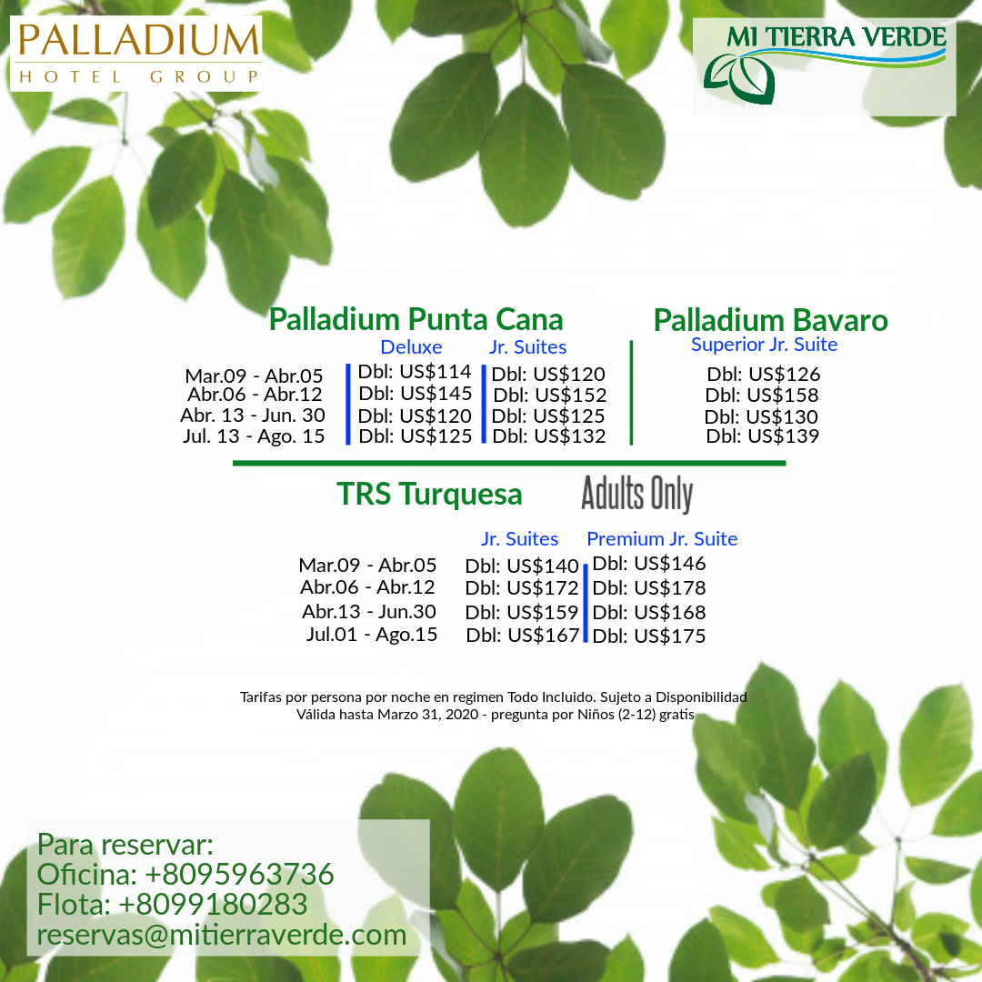 mitierraverde's tweet photo. No te pierdas las magnificas ofertas  Primavera-Verano de los #Hoteles #Palladium .

Reserva Ya!
Contactos:
Oficina: +1809-596-3736
Flota: +1809-918-0283

#GodFirst #MiTierraVerde #PuntaCana #Palladiumgroup #Hotel #Vacations #Relax #Baváro #Sun #Beach #AdultsOnly #TRSTurquesa https://t.co/EWL5ecuv0v