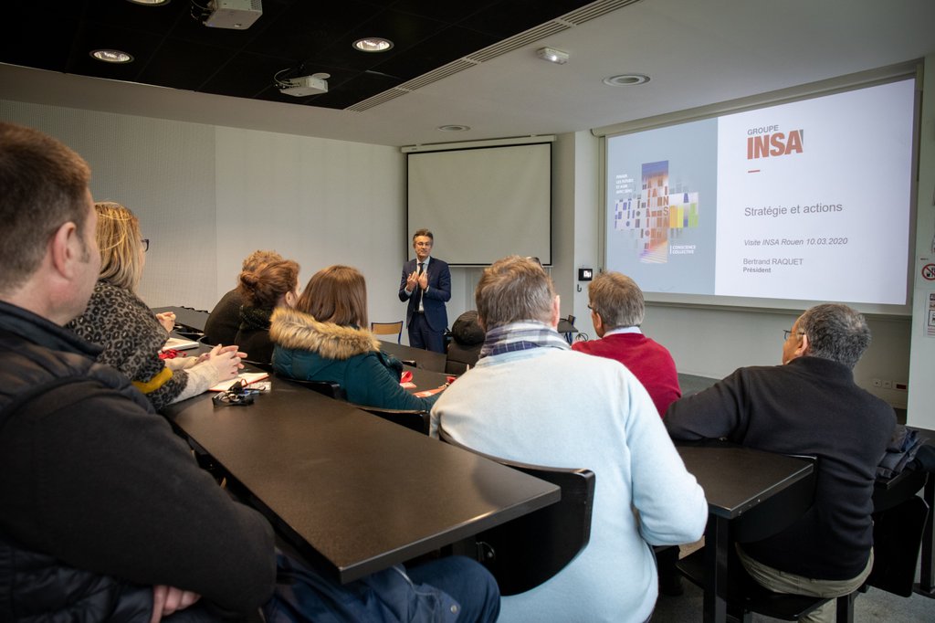 Visite sur le campus <a href="/insarouen/">INSA Rouen Normandie</a> pour présenter la stratégie du <a href="/groupeinsa/">Groupe INSA</a>, la démarche #Prospective #INSA2040, la nouvelle structuration du Groupe INSA ainsi que le renforcement de la communauté INSA au niveau national.