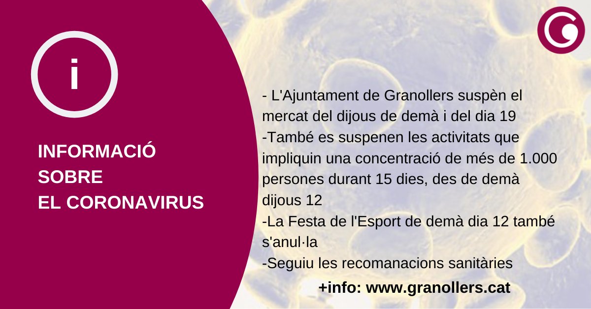 granollers's tweet photo. Com a mesura preventiva pel coronavirus, l'Ajuntament de Granollers suspèn el mercat de demà dijous 12 i també el del 19 de març, perquè es tracta d'una activitat que congrega més d'un miler de persones, seguint les mesures del Govern de la Generalitat
ℹ️: https://t.co/Puhhy2kKXz https://t.co/dYyVItBS4b