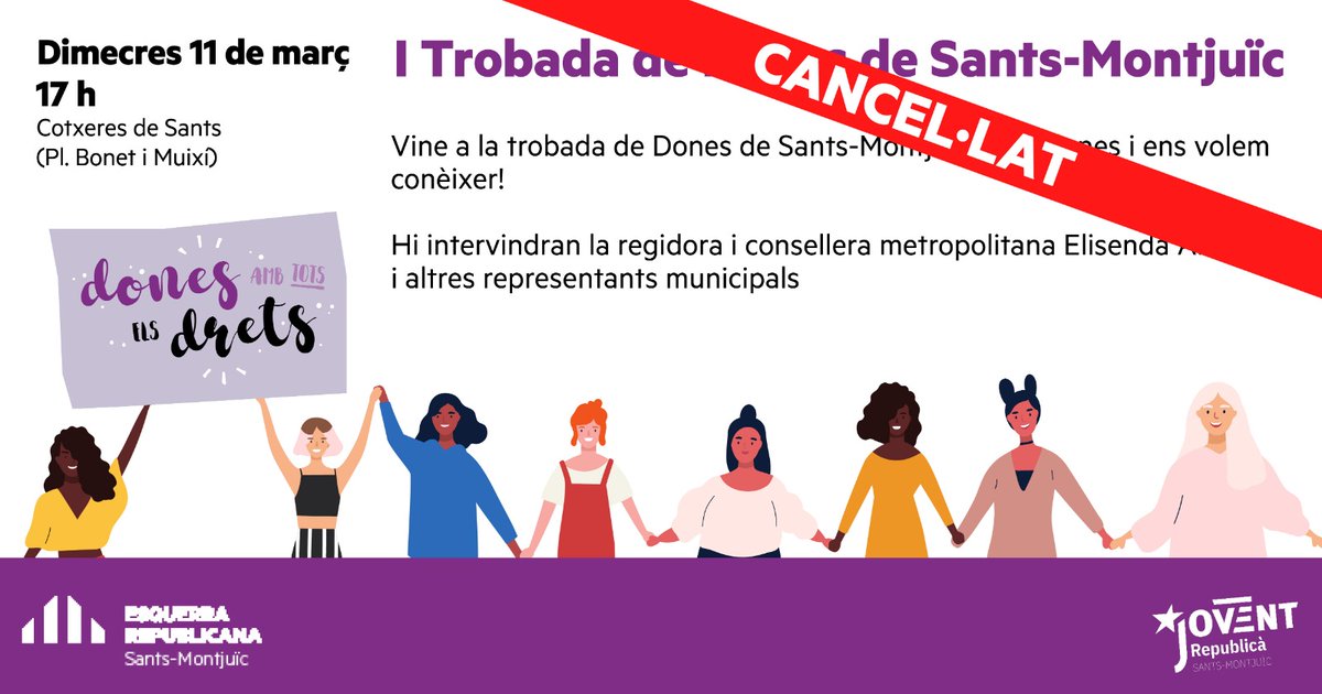 ercsantsmon's tweet photo. 👉 Atenció: Cancel.lació de la 1a Trobada de Dones de #SantsMontjuic! Us mantindrem informades d'una nova convocatòria! #futurenlila #DonesERC https://t.co/D5b4ir0e6p