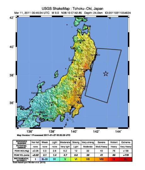 The M 9.1 Great Tohoku Earthquake occurred near the coast of