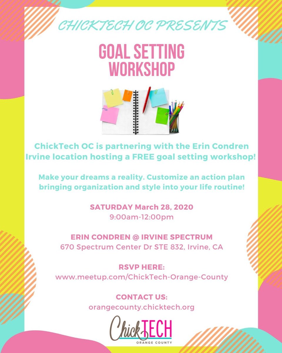 Don’t wait for the opportunity. Create it. Setting goals is critical to success. Join ChickTech OC in collaboration with the new Erin Condren Irvine location for our FREE Goal Setting Workshop. RSVP here: bit.ly/2VDMNRW