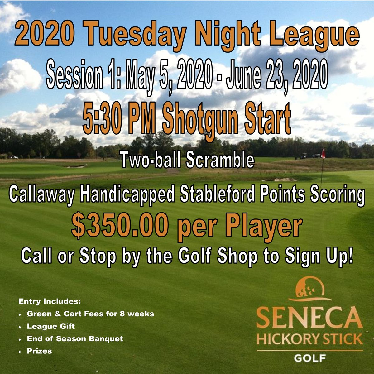 Spring is just around the corner! Don't forget to sign up for our Tuesday night league, the first eight week session begins May 5th!  Only $350 per player for eight 9 hole league rounds with cart, prizes, a league gift and end of season banquet!  Don't wait, space is limited!