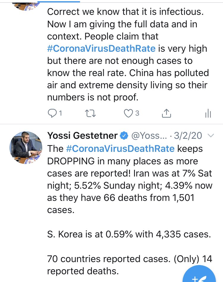 AS I HAVE BEEN TWEETING ALL WEEK!  #CoronaVirusDeathRate is NOT 3.4% as many people have been saying (including on national TV)! Dr. Fauci: People always say "The flu this, the flu that.' The flu has a mortality of 0.1%. This has a mortality of 10 times that." 10 X 0.1% is 1%.