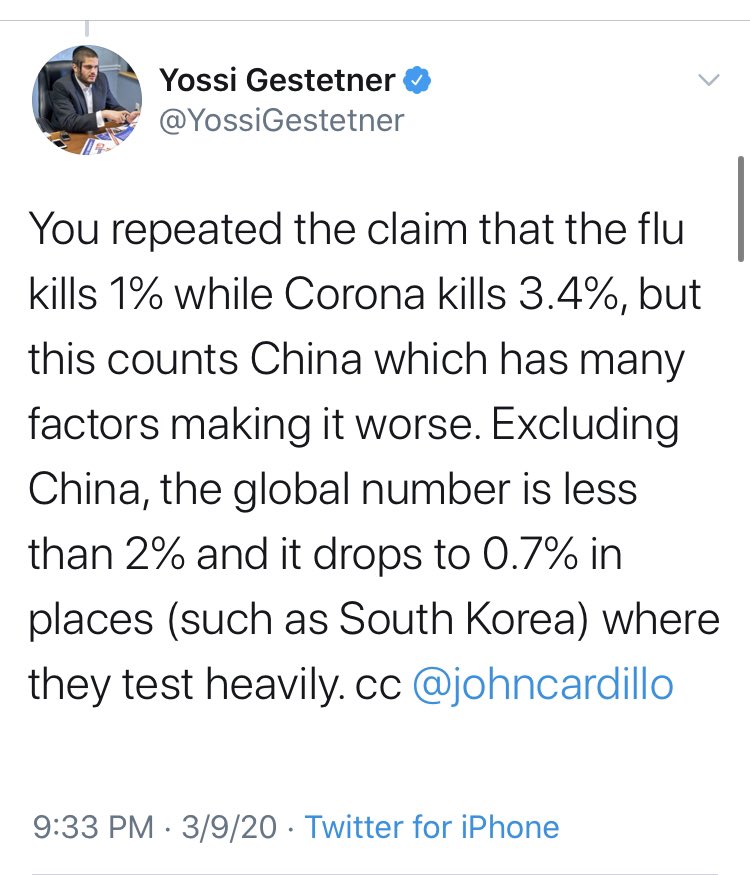 AS I HAVE BEEN TWEETING ALL WEEK!  #CoronaVirusDeathRate is NOT 3.4% as many people have been saying (including on national TV)! Dr. Fauci: People always say "The flu this, the flu that.' The flu has a mortality of 0.1%. This has a mortality of 10 times that." 10 X 0.1% is 1%.