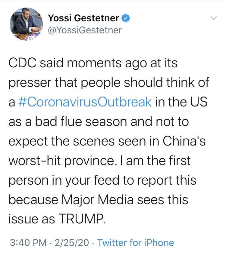 AS I HAVE BEEN TWEETING ALL WEEK!  #CoronaVirusDeathRate is NOT 3.4% as many people have been saying (including on national TV)! Dr. Fauci: People always say "The flu this, the flu that.' The flu has a mortality of 0.1%. This has a mortality of 10 times that." 10 X 0.1% is 1%.