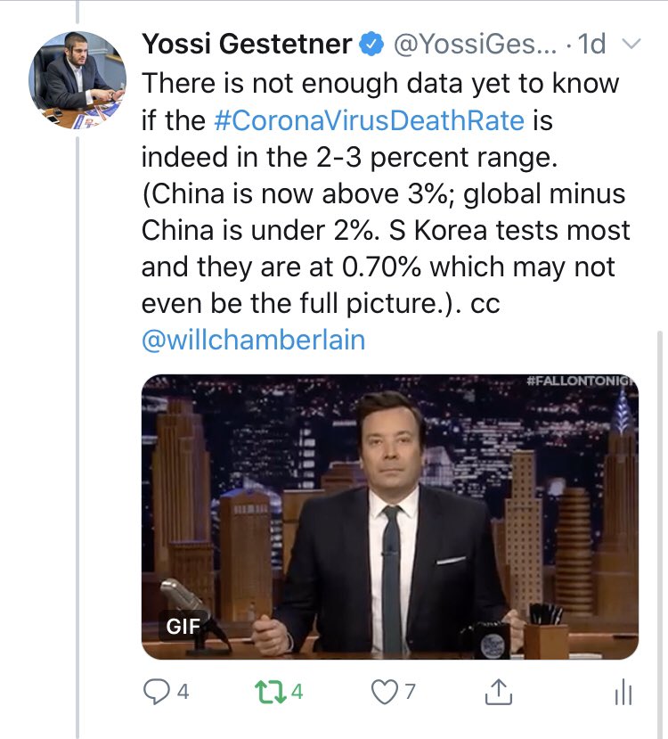 AS I HAVE BEEN TWEETING ALL WEEK!  #CoronaVirusDeathRate is NOT 3.4% as many people have been saying (including on national TV)! Dr. Fauci: People always say "The flu this, the flu that.' The flu has a mortality of 0.1%. This has a mortality of 10 times that." 10 X 0.1% is 1%.