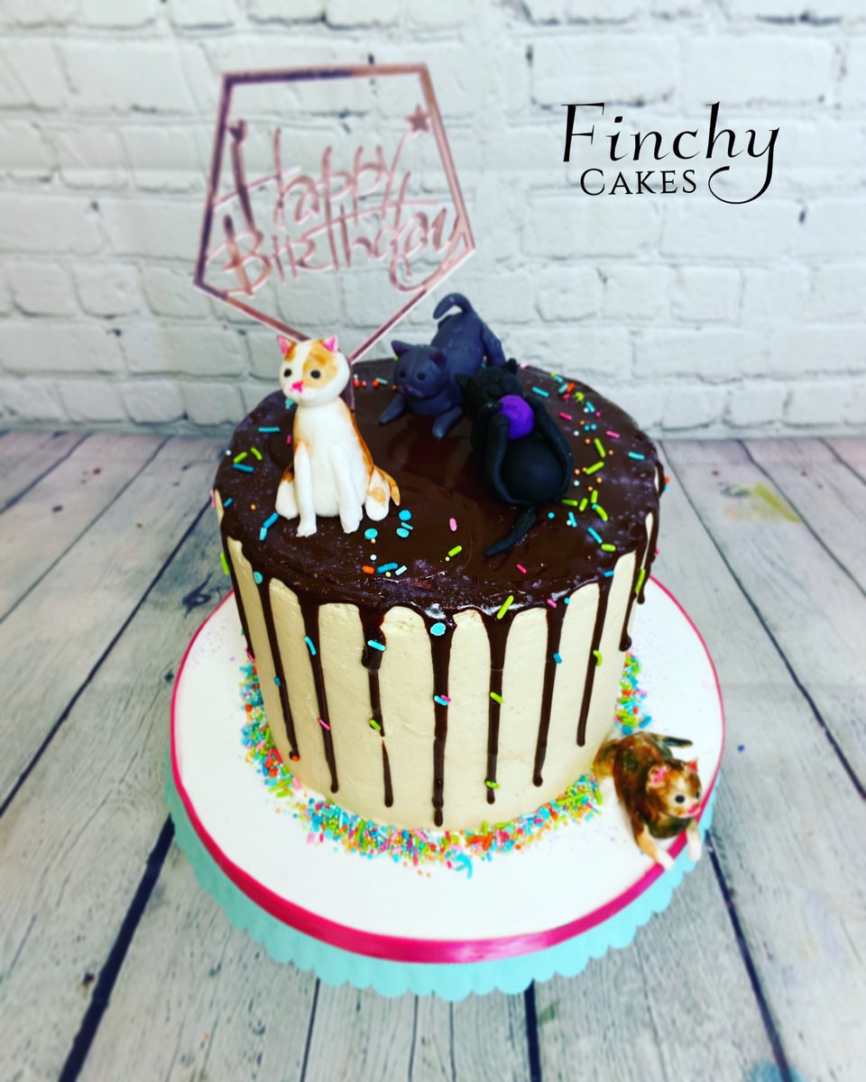 FinchyCakes's tweet photo. I got to make figures of some of my favorite little cat-jerks for my best friend’s birthday! 
Chocolate cake filled and frosted with peanut butter cream cheese buttercream and smothered in a rich ganache. 
#finchycakes #birthdaycake #catcake #catladycake #mymilanmi #meow https://t.co/2enLoabgUX