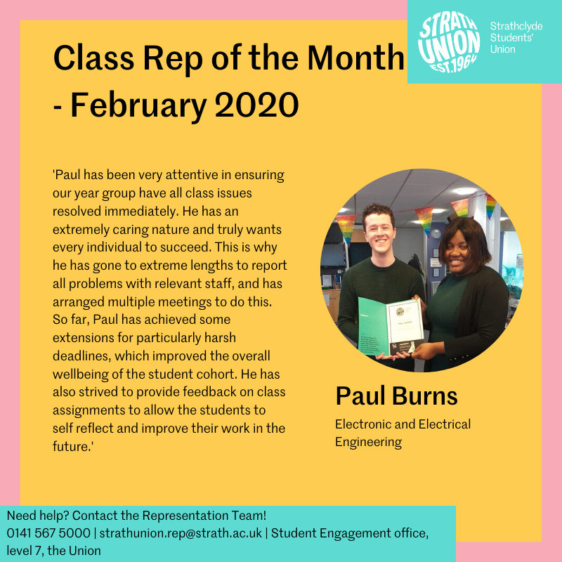 StrathUnion's tweet photo. February 2020's Class Rep of the Month is... Paul Burns!
Congratulations Paul on your hard work for enhancing the student experience on your course!
#StrathReps #StrathLife
@UniStrathclyde https://t.co/BIWxJ9Mdr2