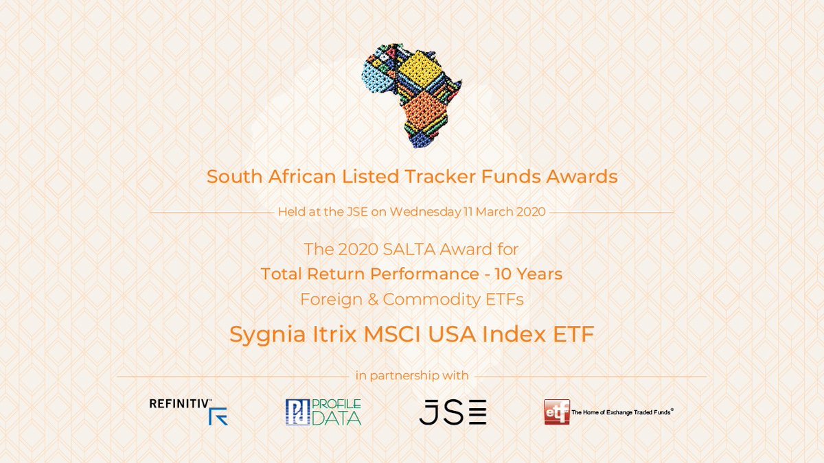 Congratulations to Sygnia Itrix MSCI USA Index ETF for winning the Total Return Performance award (10 YEARS) for Foreign &amp; Commodity ETFs <a href="/ETFSA/">ETFSA</a>  #SALTAs2020 #20YearsofETFs <a href="/profilegroupza/">Profile Group</a>