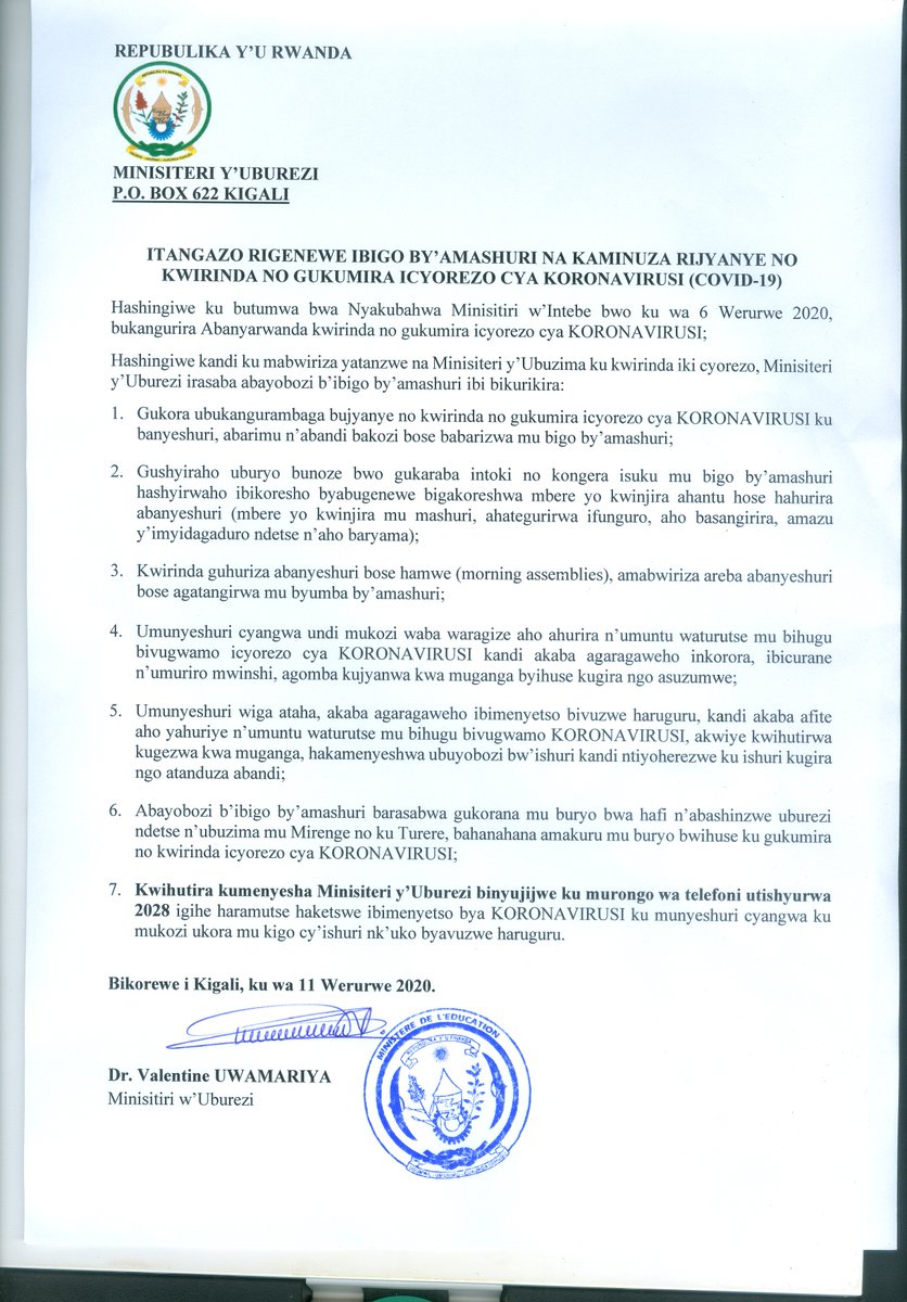 Ministry Of Education Rwanda On Twitter Itangazo Rigenewe Ibigo By Amashuri Na Kaminuza Rijyanye No Kwirinda No Gukumira Icyorezo Cya Koronavirusi Covid 19 Https T Co Y3qg9s6axh