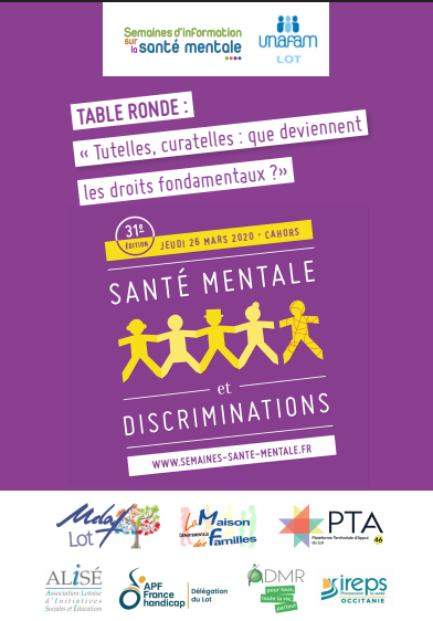 APF_Lot's tweet photo. Table Ronde le 26 Mars 2020 à Cahors, à partir de 18h à la salle de conférences - Espace Clément Marot, place Bessières ! 
Venez échangez sur la santé mentale et discriminations. ''Tutelles, curatelles : que deviennent les droits fondamentaux ?'' https://t.co/gn3gbDm4CW