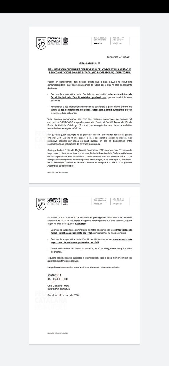 UDMONTSERRAT's tweet photo. ¡¡¡¡OFICIAL!!!!

Se suspenden tanto entrenamientos como partidos oficiales durante 15 días, a causa del "Coronavirus".

Volveremos con más ganas de victoria💪 https://t.co/PvhMRrkgt3