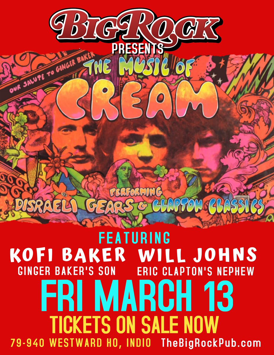 bigrockpub's tweet photo. THIS FRIDAY The Music (and stories) of @CreamOfficial_ delivered by Ginger Baker's son, Kofi Baker, and @EricClapton nephew, Will Johns. Tickets: $10-$25 https://t.co/OIPKd7a0s8 #livemusic #cream https://t.co/Sdw1b9S3A2