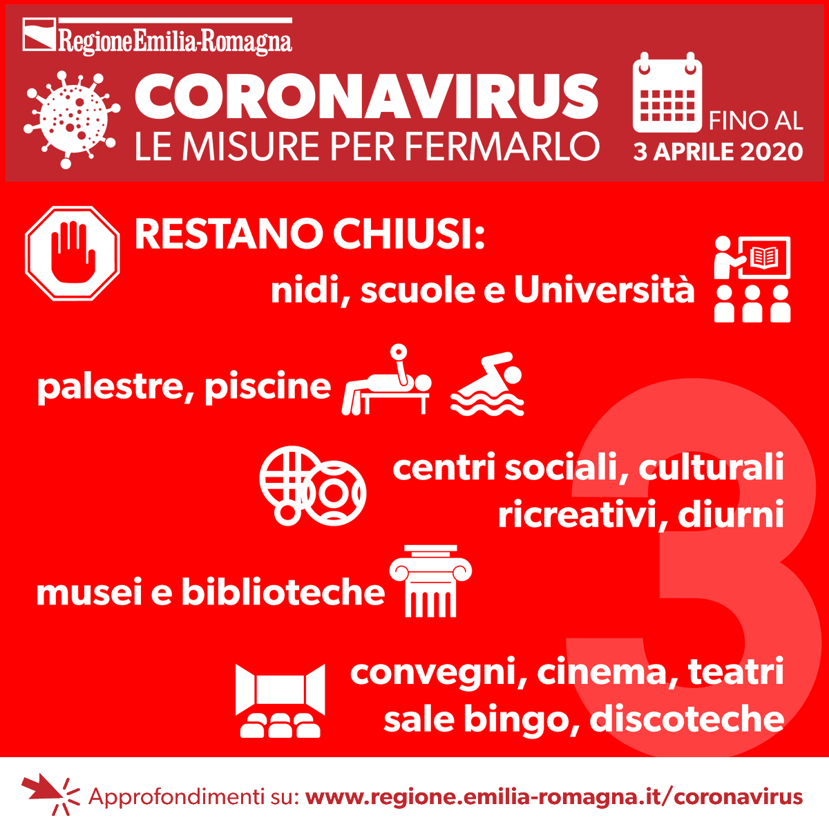 RegioneER's tweet photo. #CORONAVIRUS, le misure in vigore in Emilia-Romagna FINO AL 3 APRILE
📌 Informazioni, domande frequenti, numeri utili, indicazioni per le imprese su https://t.co/5jbdYu7Dro
#COVID19 #Covid_19 #COVIDー19 https://t.co/K1Xmu6W8qZ
