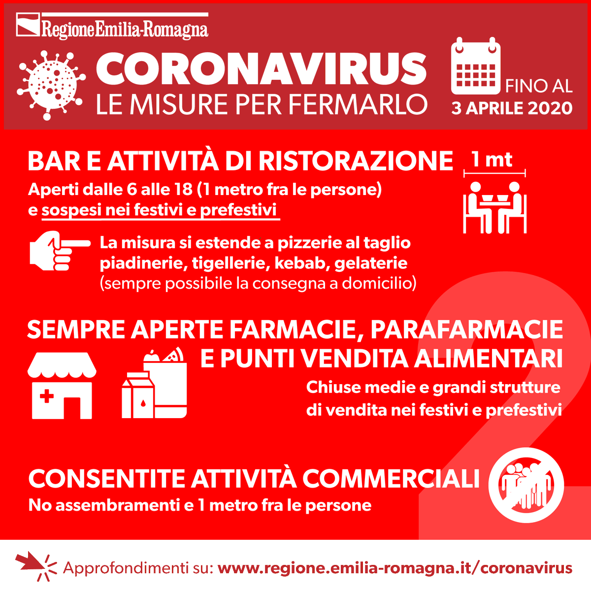 RegioneER's tweet photo. #CORONAVIRUS, le misure in vigore in Emilia-Romagna FINO AL 3 APRILE
📌 Informazioni, domande frequenti, numeri utili, indicazioni per le imprese su https://t.co/5jbdYu7Dro
#COVID19 #Covid_19 #COVIDー19 https://t.co/K1Xmu6W8qZ