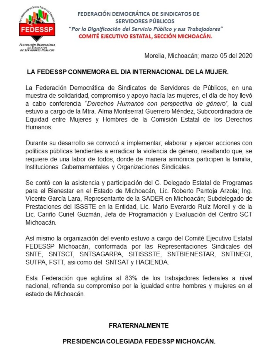 #FEDESSP en los Estados
#FEDESSP_Mich
Conferencia: "Derechos Humanos con Perspectiva de Genero", impartida por Mtra. Alma Montserrat Guerrero Méndez, Comisión Estatal de  DDHH.
<a href="/palomitarelowde/">María</a>
<a href="/castelan12/">Carlos Cruz Castelan</a>
@MFedessp
<a href="/PaulinaValver17/">Ingrid Paulina</a>
#coronavirus #DíaInternacionalDeLaMujer