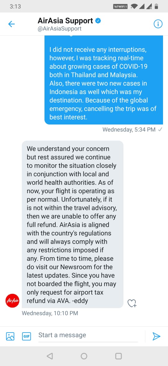 RaveenaRvn's tweet photo. This makes me believe u dont want ur passngers to rebook travel plans at nxt best opportunity as u wouldnt provide fr refund. Indian gov, @WHO has asked to restrict travel plans unless urgent. Othr airlines supprt dis, but dissappointd to c u dont. @AirAsiaSupport @MoHFW_INDIA https://t.co/ApYwJ6ZOjP