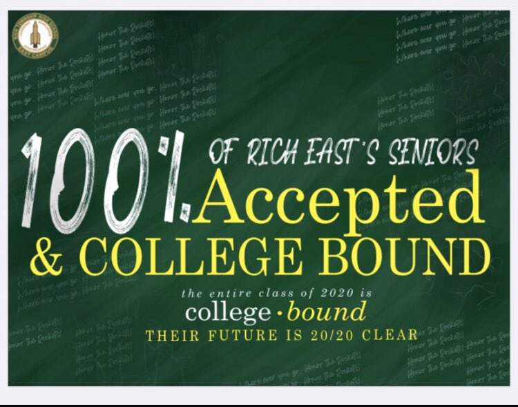 DrNigelAnderson's tweet photo. @RichEastHS is very happy to announce a 100% College Acceptance rate for our Senior Class of 2020!!!! We will be doing a lot of celebrating as the school year closes. These seniors have truly made this the best year yet! #honortherockets #richinstudentsuccess https://t.co/B2Iu8G4NAg