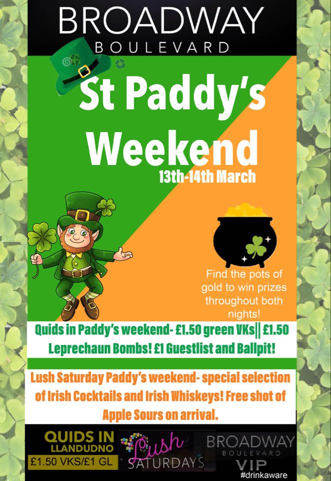 NickTurnerDJ's tweet photo. Yet another huge Weekend ahead in #Llandudno @BroadwayBoulev this week 💃🕺
Special deals &amp; some of the finest cocktails in town!
Guest Dj Pritchard standing in for me supplying your musical mayhem this Saturday too.
#StPatricksDay Weekend 🇮🇪☘️
#QuidsIn #LushSaturdays #NorthWales https://t.co/gFUO14obmH