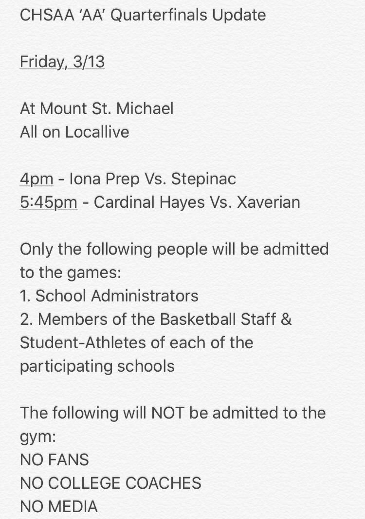CHSAA_NYC's tweet photo. Update for the remaining Quarterfinal Games. They will be played this Friday and can be seen on @locallivenet - No Fans or Media will be admitted! https://t.co/x1UMrILi0o
